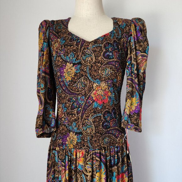 Vintage NWT ACT I New York Floral Paisley Smocked Midi Dress Drop-waist - Picture 2 of 14